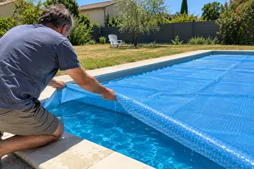 Deux mains replient une bâche à bulles bleue sur le bord d'une piscine enterrée