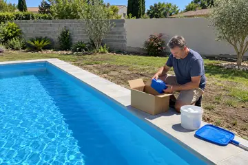 Un propriétaire sort une trousse d'analyse d'un carton au bord de sa piscine neuve
